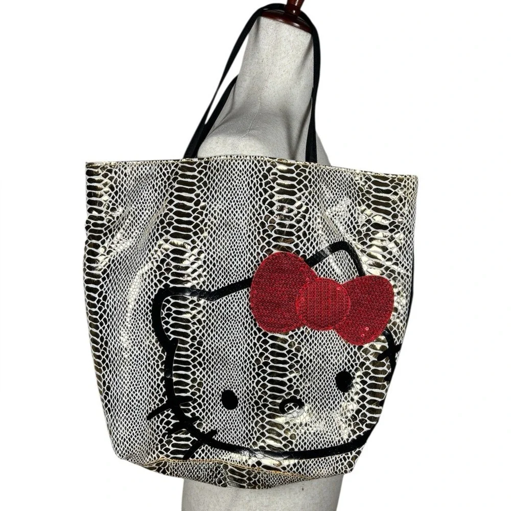 Hello Kitty Tote Bag Snakeskin‎ Print Red Sequin Bow Zip Top Sanrio